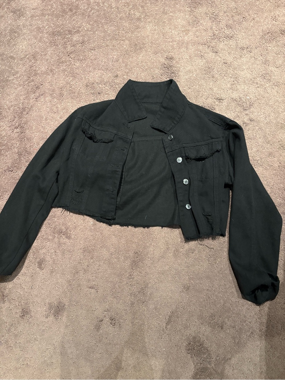 SHEIN Black Cropped Frayed-Edge Denim Jacket